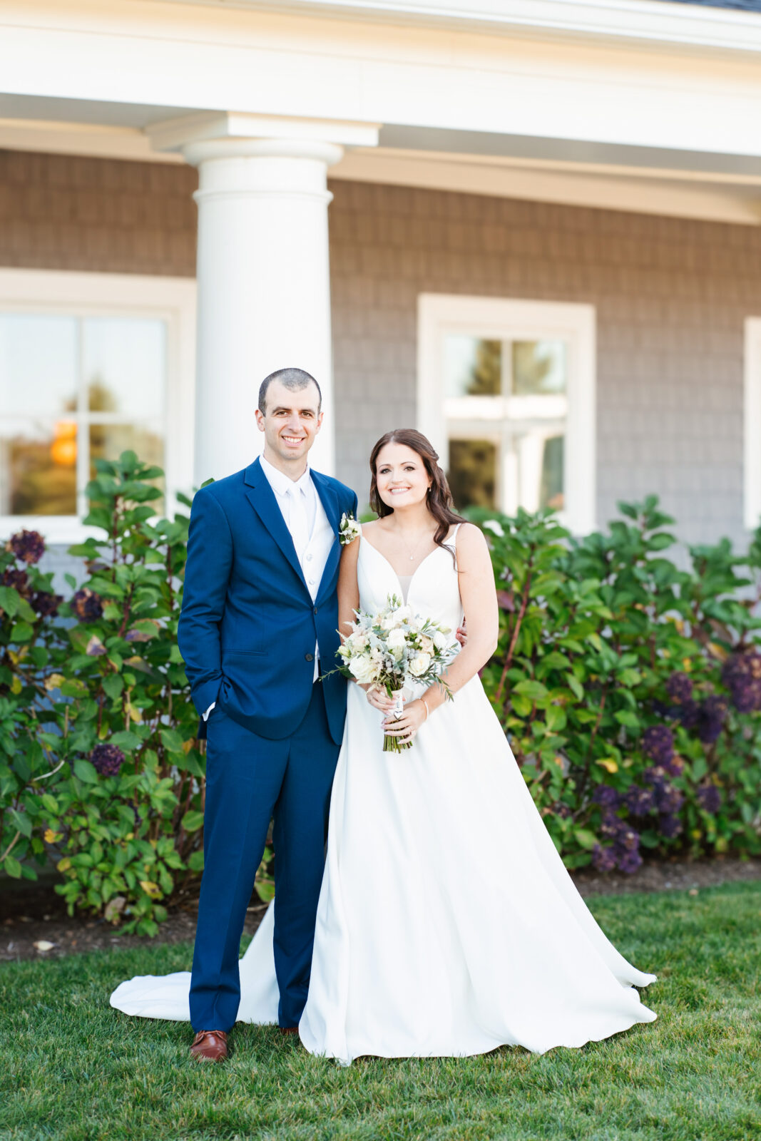 Bride and groom sharing a quiet moment at sunset on the golf course at Waverly Oaks, Plymouth, MA.