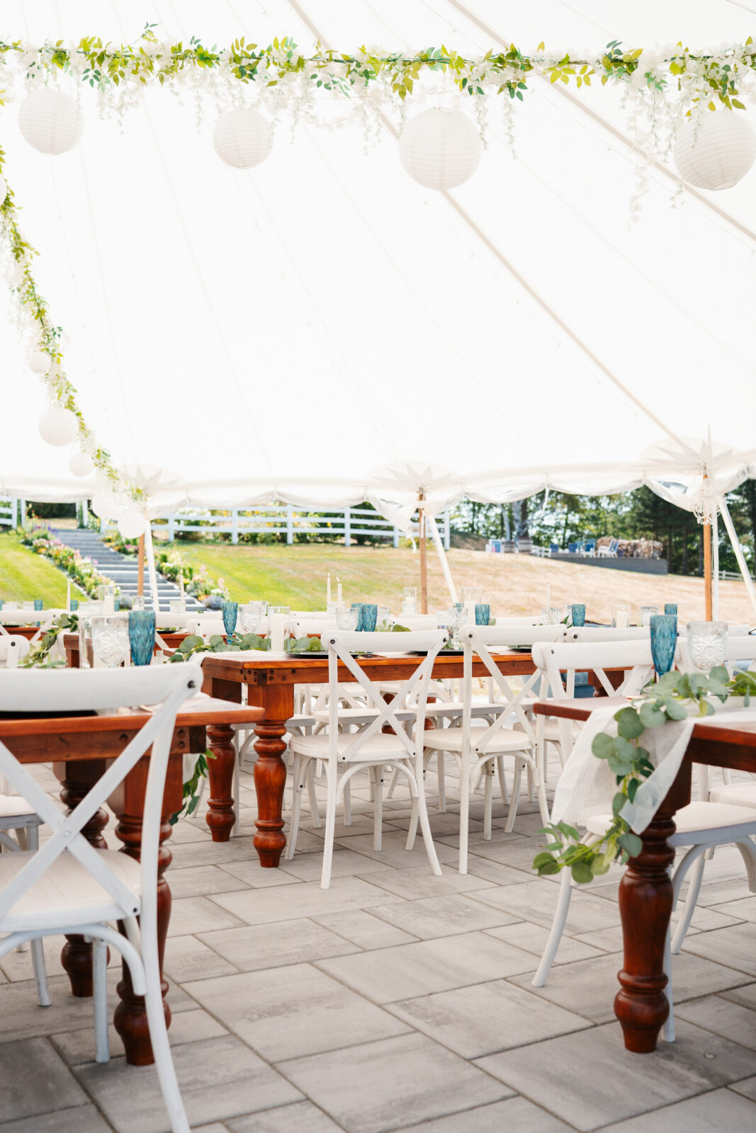 Dance floor inside Lakeview Inn wedding reception tent