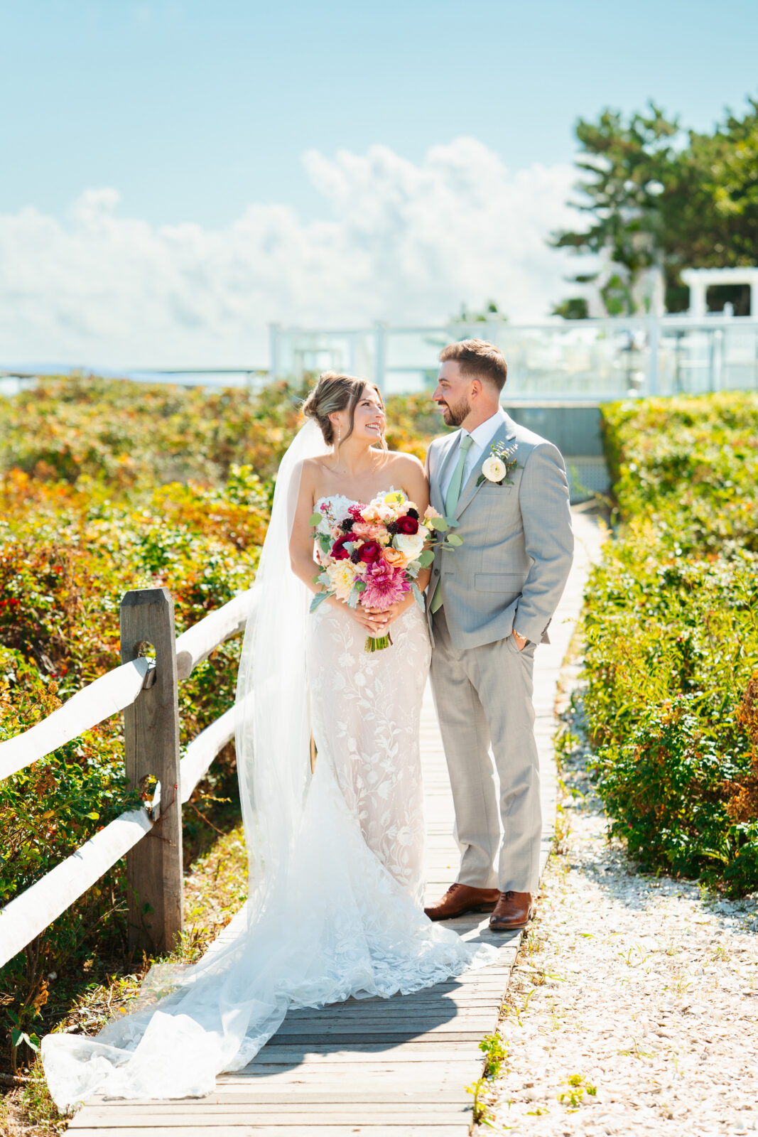 Emotional beachfront wedding first look in Cape Cod