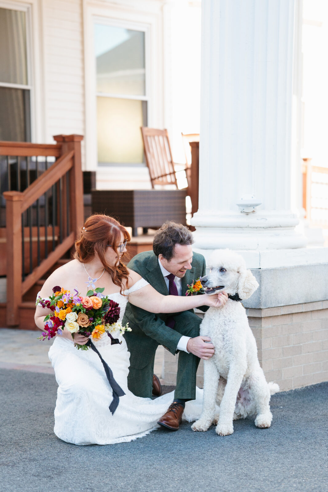 Bride and groom with their dog at wedding in Peabody MA